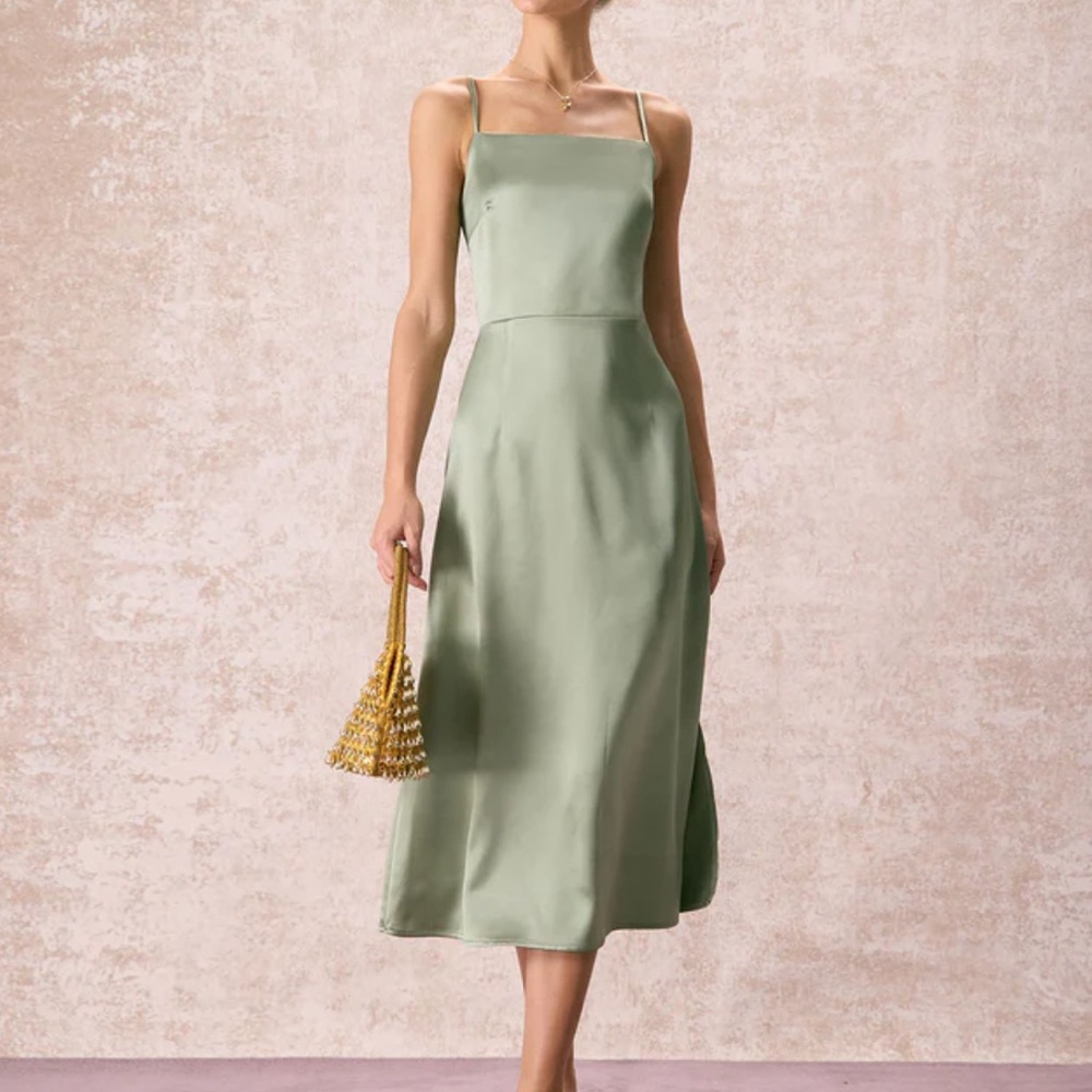 Rihoas The Green Square Neck Satin Slip Midi Dress, NWT S